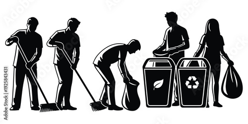 Human Silhouette Participating in Environmental Cleanup and Recycling Illustration