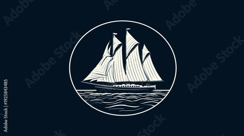 A classic sailing ship graphic within a white circle against a dark navy blue background