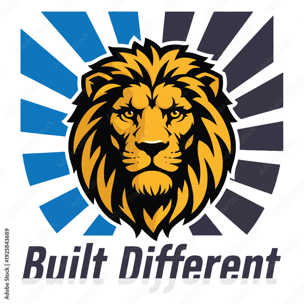 Obraz premium Lion head mascot design features intense stare against blue and grey sunburst.
