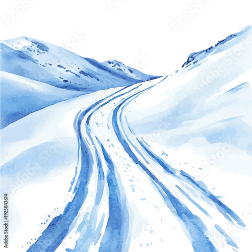 watercolor of Snow-covered Ski Slope With Ski Tracks illustration, isolated on a white background.
