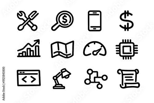 Hand drawn business and technology icons featuring tools finance smartphone growth map speedometer microchip code lamp network and scroll