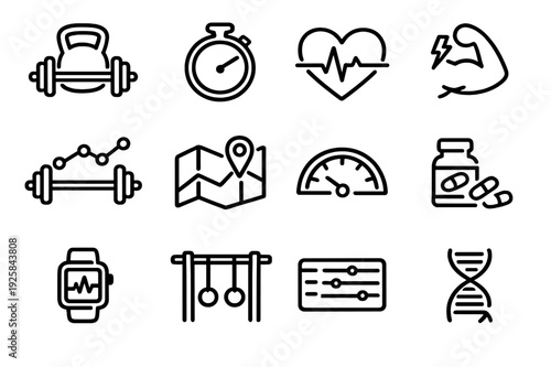 Fitness and health line icon set featuring gym equipment medical symbols and workout tracking elements for sports and wellness applications