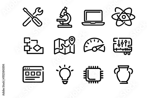 Set of black line icons for science technology engineering mathematics and education concepts on white background