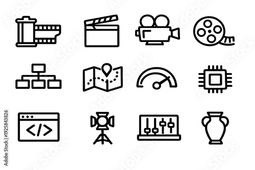 Minimalist black line icons featuring cinema equipment technology components map and web development symbols on white background