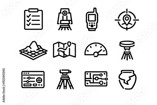 Land surveying and geodesy line icon set featuring total station topographic map tripod and archaeological artifact symbols