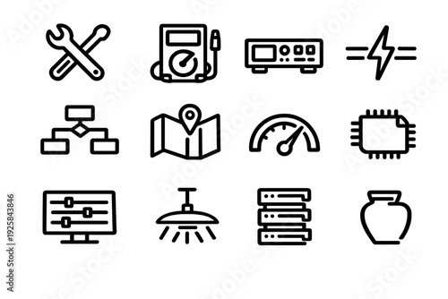 Collection of black line icons representing technology engineering electronics and maintenance tools on a white background