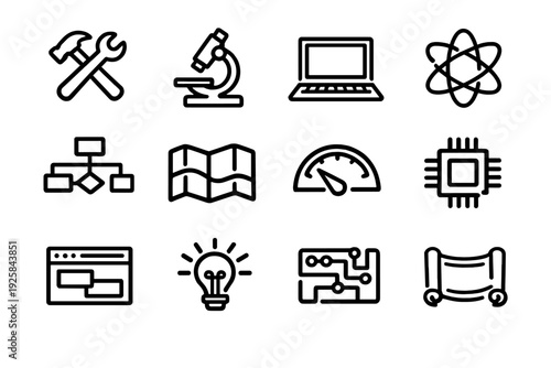 Set of technology and science line icons including tools microscope laptop atom flowchart map speedometer chip browser lightbulb circuit and