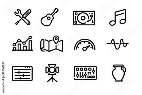 Collection of black line icons representing music tools data analysis navigation and creative equipment on a white background