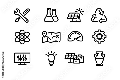 Set of minimalist line icons representing science technology renewable energy and industry symbols on white background