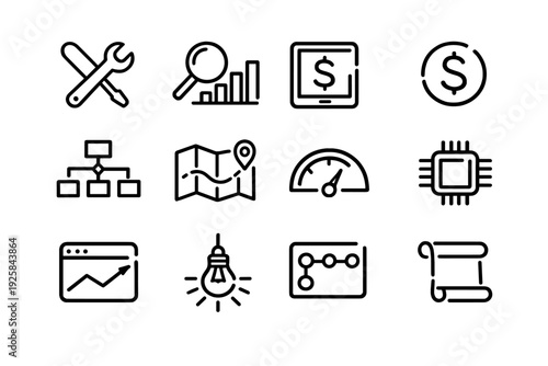 Minimalist business and technology line icon set featuring data analysis tools finance symbols and strategic planning elements for web