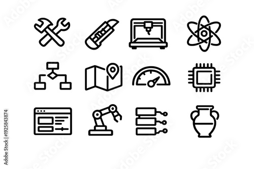 Collection of black line icons representing engineering, technology, science, and manufacturing concepts on a white background