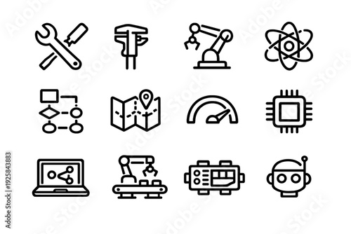 Engineering and technology line icon set featuring robotic arms microchip atom and tools for industrial automation and science projects