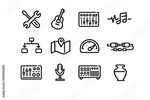 Set of black line icons including music instruments audio equipment tools map and navigation symbols on a white background