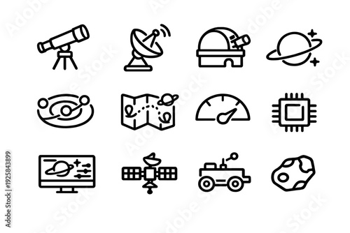 Space exploration and astronomy line icons featuring telescope satellite dish observatory planet solar system rover and satellite