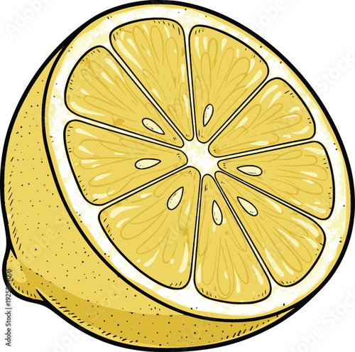 professional vector of a lemon cut in half with yellow pulp and seeds hand drawn style simulating ink outlines and internal fills for healthy life