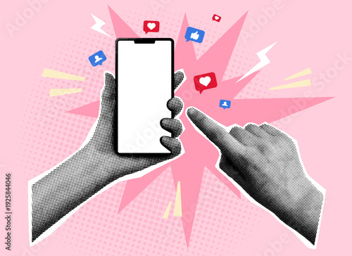 Hand holding smartphone. Social media. Modern halftone collage. Retro banner in pop art style