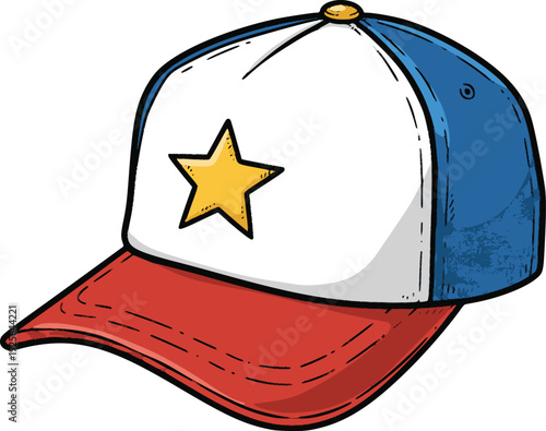 vector illustration of a red blue and white trucker cap with a yellow star hand drawn style simulating ink outlines and professional fills
