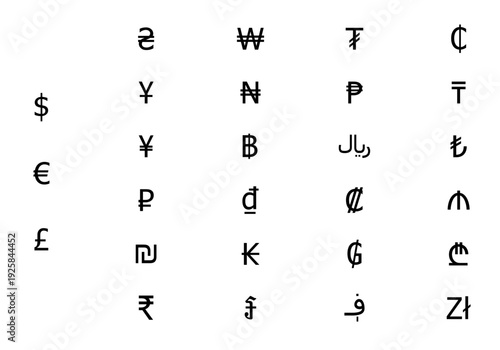 Dollar, euro, pound, yen, yuan, rubble, rupee, lira, won, currency coin icons set . Currency Icons