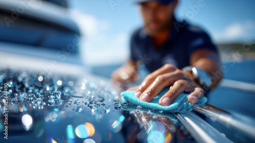 Uniformed yacht crew polishing chrome rail in marine setting