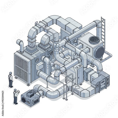 Complex Industrial HVAC System with Engineers in Isometric View.
