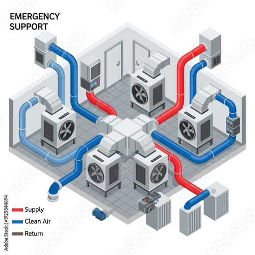 Isometric Diagram of an HVAC System with Emergency Support and Airflow.