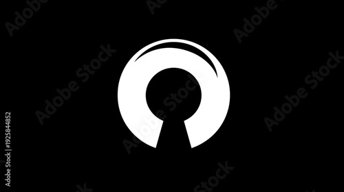 Bold, minimalist symbol in white against a black backdrop, resembling a keyhole and an open circle