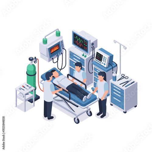 Medical emergency room with doctors and patient on gurney, surrounded by advanced medical equipment.