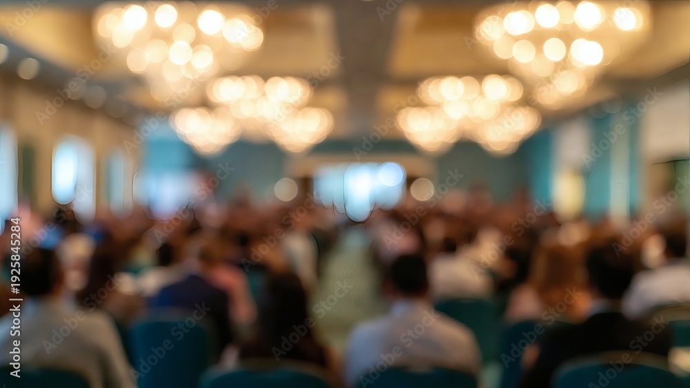 Fototapeta premium Blurred conference hall with audience and chandeliers, professional event setting in soft focus