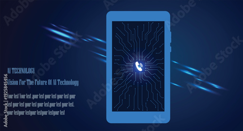 AI-Powered call system concept featuring digital smartphone screen with glowing microchip, blue data flow connections and High-Tech Innovation background.