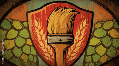 Rustic illustration features a paintbrush on a shield, surrounded by stylized hops and a wooden border