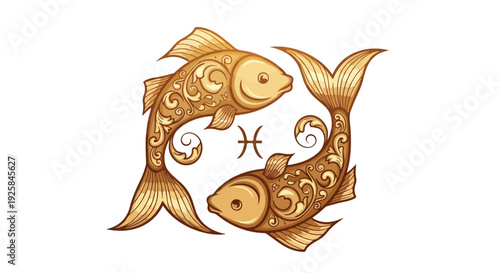 Illustration of two golden fish facing each other with swirling patterns and the Pisces zodiac symbol on a white background.