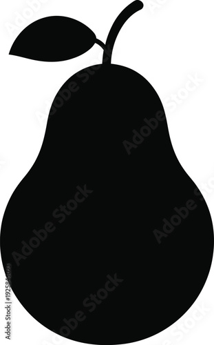 Black pear fruit silhouette icon with leaf, organic fresh pear vector illustration isolated on white background.
