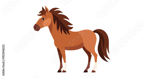 Illustration of a brown horse with a dark mane and tail standing against a white background in a cartoon style.