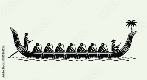 Black silhouette of a rowing boat with people paddling and a palm tree on the bow against a light green background.