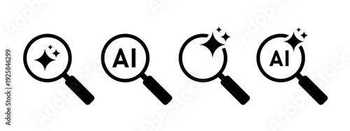 AI search icon set, magnifying glass with magic sparkle stars symbol, artificial intelligence technology vector design element