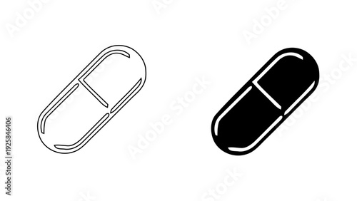 Medical Capsule Pill Icon, Minimalist Antibiotic and Vitamin Supplement Tablet Symbol, Healthcare and Pharmacy UI Design, Line and Solid Bold Style, 4K Vector Illustration