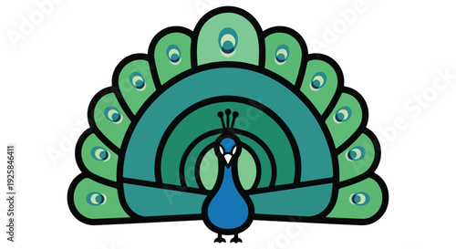 Illustration of a blue peacock with a vibrant green and blue tail standing on a plain white background with a colorful display of feathers.
