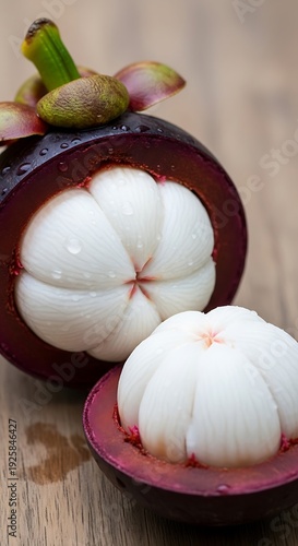 Fresh Mangosteen Fruit Halved Revealing White Flesh on Wooden Surface.