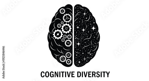 Cognitive diversity icon, brain symbol with gears and stars