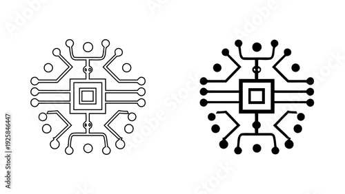 Digital Microchip Processor Icon, Computer CPU Circuit Board and Technology Hardware Symbol, Artificial Intelligence Motherboard UI Design, Line and Solid Bold Style, 4K Vector Illustration