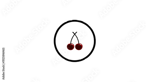 A simple, minimalist design features two cherries on stems within a rough, black circle