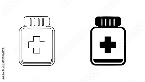 Medical Jar Icon with First Aid Plus Sign, Pharmaceutical Vitamin Bottle and Supplement Container Symbol, Healthcare Wellness UI Design, Line and Solid Bold Style, 4K Vector Illustration