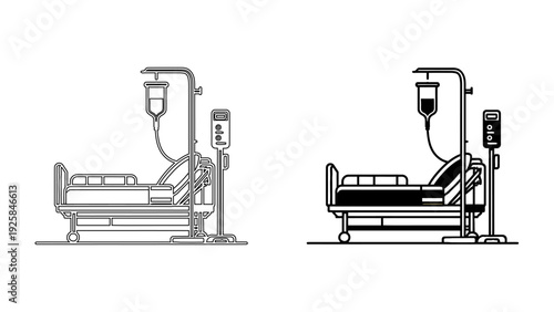 Hospital Bed with Medical IV Drip and Heart Rate Monitor, Intensive Care Unit Patient Room Illustration, Healthcare Clinical Facility UI Design, Line and Solid Bold Style, 4K Vector