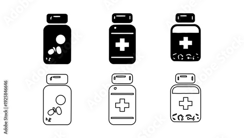 Medical Pill Bottle Collection with First Aid Symbols, Pharmaceutical Tablet and Vitamin Supplement Containers, Healthcare Wellness UI Design, Line and Solid Bold Style, 4K Vector