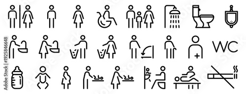 Toilet and bathroom icon collection in outline style. Restroom signs for men, women, mother with baby and wheelchair users, shower symbol, no smoking. Editable line vector pictograms.