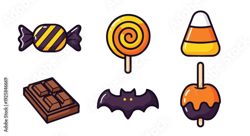 Flat lay of various Halloween candies and treats on a white background with orange, yellow, and black colors.