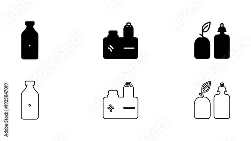 Skincare and cosmetic bottle icon set, dropper bottle and cream jar silhouettes, beauty product packaging outline vectors, medical aesthetic symbols, 4K high quality, isolated on white.