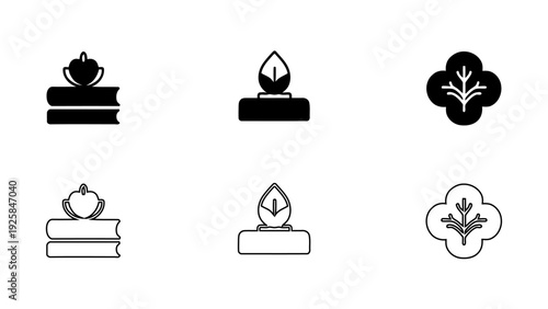 Holistic wellness icon set, botanical leaf and book symbols, herbal medicine and organic nature outline vectors, spa and zen lifestyle elements, 4K high quality, isolated on white.