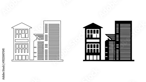 Modern city building icon, skyscraper and apartment architecture silhouette and outline vector, urban real estate symbol, commercial office exterior, 4K high quality, isolated on white.