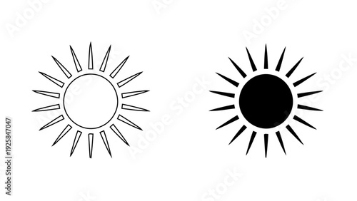 Sun icon with rays, solar energy and summer weather silhouette and outline vector, shining star symbol for morning or nature, 4K high quality, isolated on white.